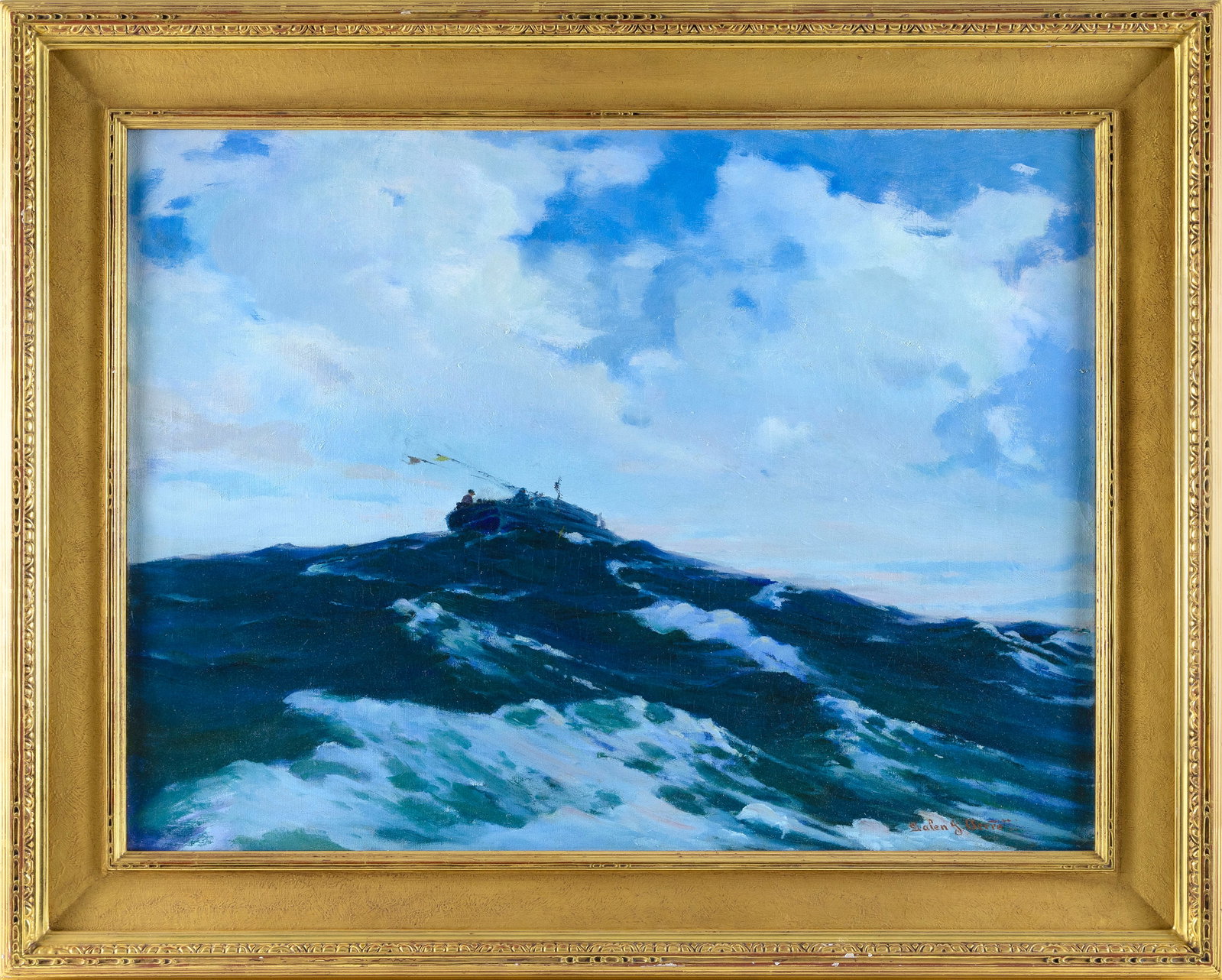 GALEN JOSEPH PERRETT (Illinois/Massachusetts, 1875-1949), "Sea Crossed Our Bow"., Oil on canvas, 27": GALEN JOSEPH PERRETT Illinois/Massachusetts, 1875-1949 "Sea Crossed Our Bow". Signed lower right "Galen J. Perrett". Titled on label verso. Oil on canvas, 27" x 36". Framed 36" x 45".