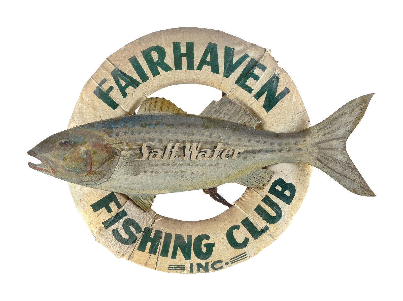 TRADE SIGN "FAIR HAVEN FISHING CLUB INC." 20th Century Height 29". Length 42". (1 of 1)