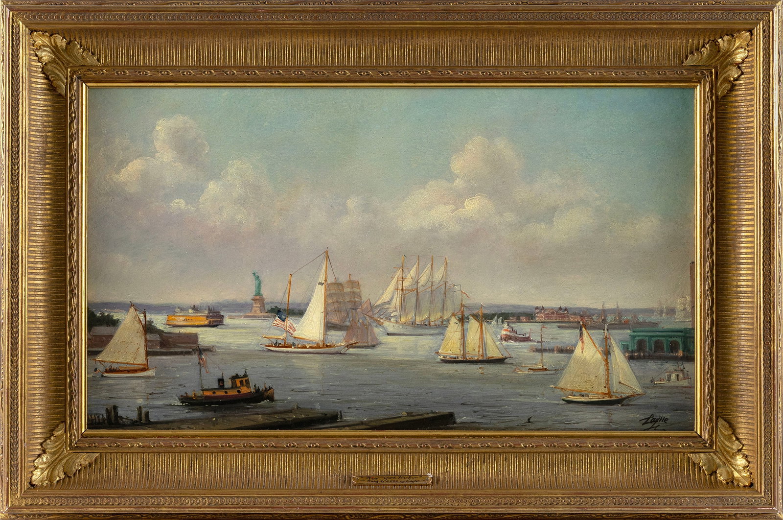 PETER LAYNE ARGUIMBAU (New York/Connecticut/Italy, 1951-), "New York Harbor"., Oil on board, 14" x: PETER LAYNE ARGUIMBAU New York/Connecticut/Italy, 1951- "New York Harbor". Signed lower right "Layne". Titled on frame plaque. Oil on board, 14" x 24". Framed 19.5" x 29.5".
