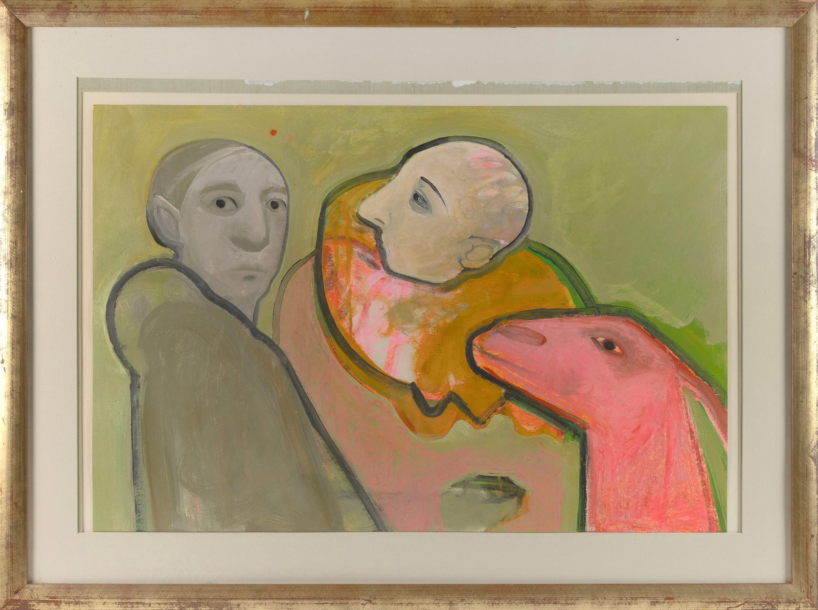 SELINA TRIEFF (New York/Massachusetts, 1934-2015), Two figures with a pink goat., Oil on paper, 24": SELINA TRIEFF New York/Massachusetts, 1934-2015 Two figures with a pink goat. Artist identified on label verso for Graham Modern Gallery, New York. Oil on paper, 24" x 36". Framed 34" x 46". Notes: Se