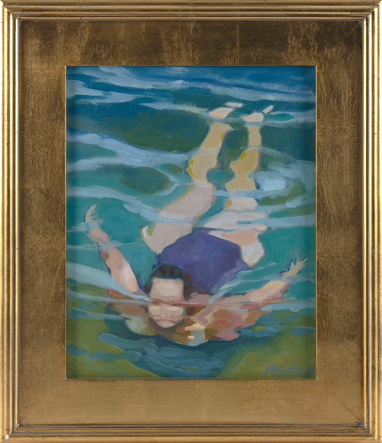 SUZIE PACHECO (Massachusetts, Contemporary), "The Plunge"., Oil on canvas, 14" x 11". Framed 19.5" x (1 of 2)