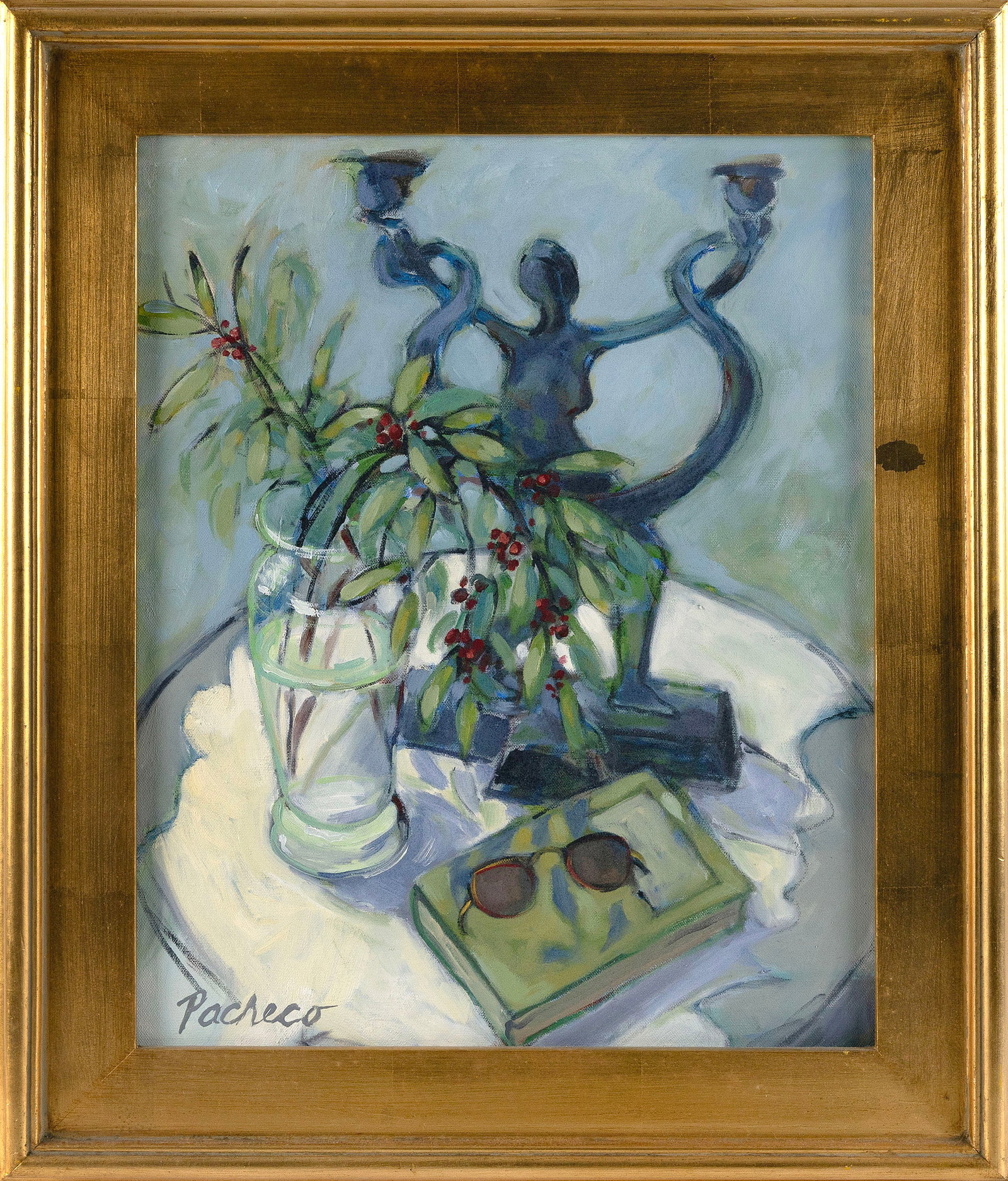 SUZIE PACHECO (Massachusetts, Contemporary), "Still Life with Russian Olive Berries"., Oil on: SUZIE PACHECO Massachusetts, Contemporary "Still Life with Russian Olive Berries". Signed lower left "Pacheco". Titled verso. Oil on canvas, 20" x 16". Framed 26" x 21.5". Notes: Suzie Pacheco studied