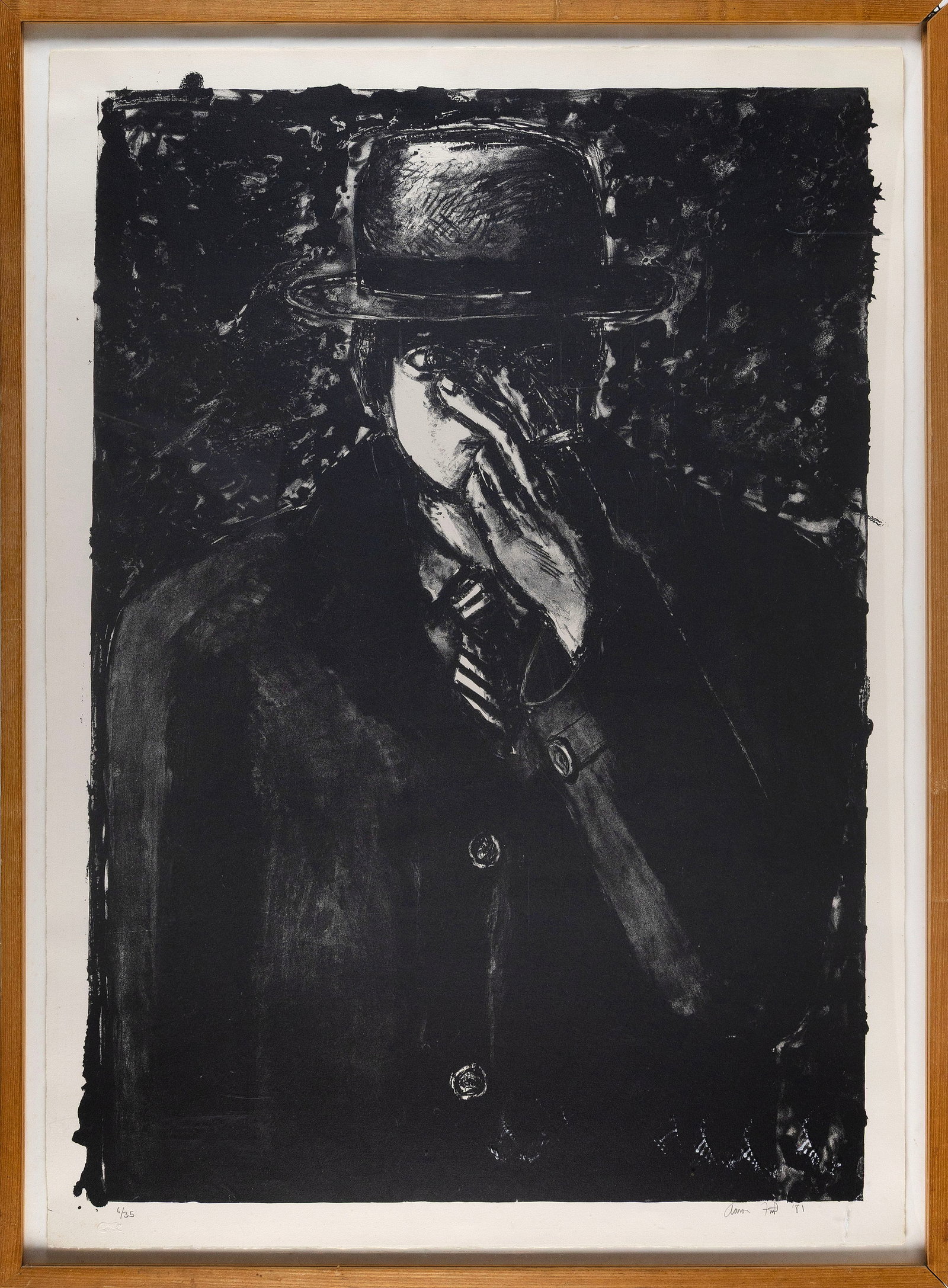 AARON FINK (Massachusetts, 1955-), Smoker in Hat, 1981., Lithograph, 42" x 29". Framed 45" x 32.5". (1 of 2)