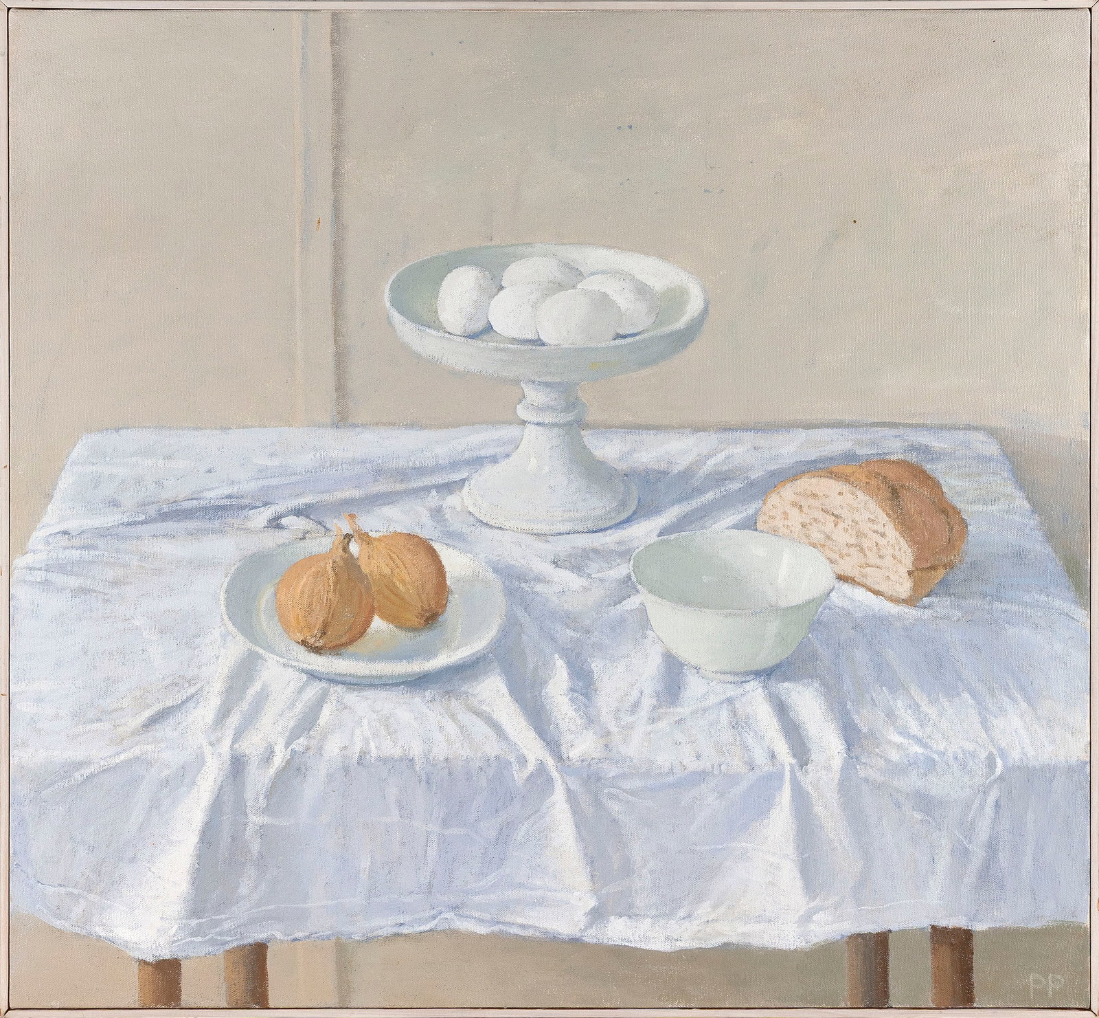 PETER PLAMONDON (Massachusetts/California, 1944-2020), Still life of eggs, bread and onions., Oil on (1 of 2)