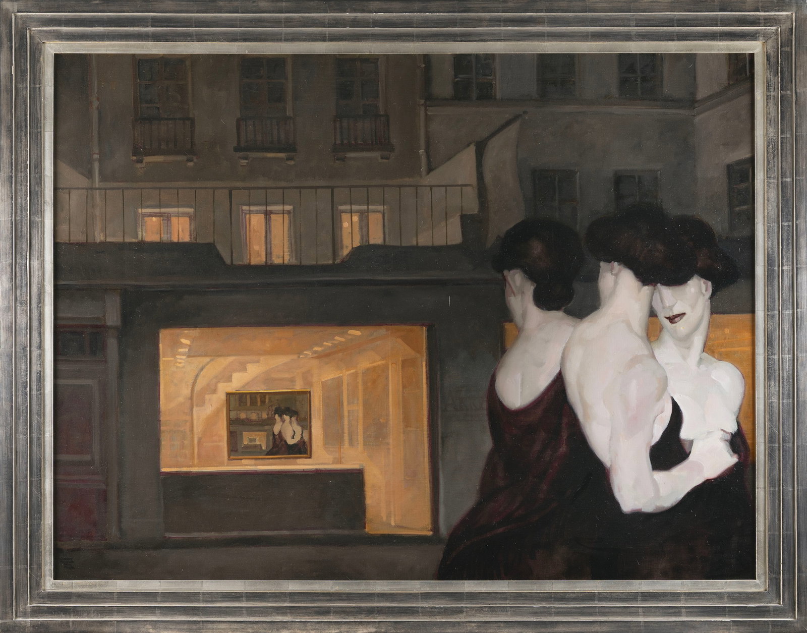 JUAREZ MACHADO (Brazil, 1941-), "Exposicao Na Galeria Akka-Valmay"., Oil on canvas, 38" x 52".: JUAREZ MACHADO Brazil, 1941- "Exposicao Na Galeria Akka-Valmay". Signed and dated lower left "Juarez Machado Paris 1995/96". Signed, titled and dated verso. Oil on canvas, 38" x 52". Framed 45.5" x 58
