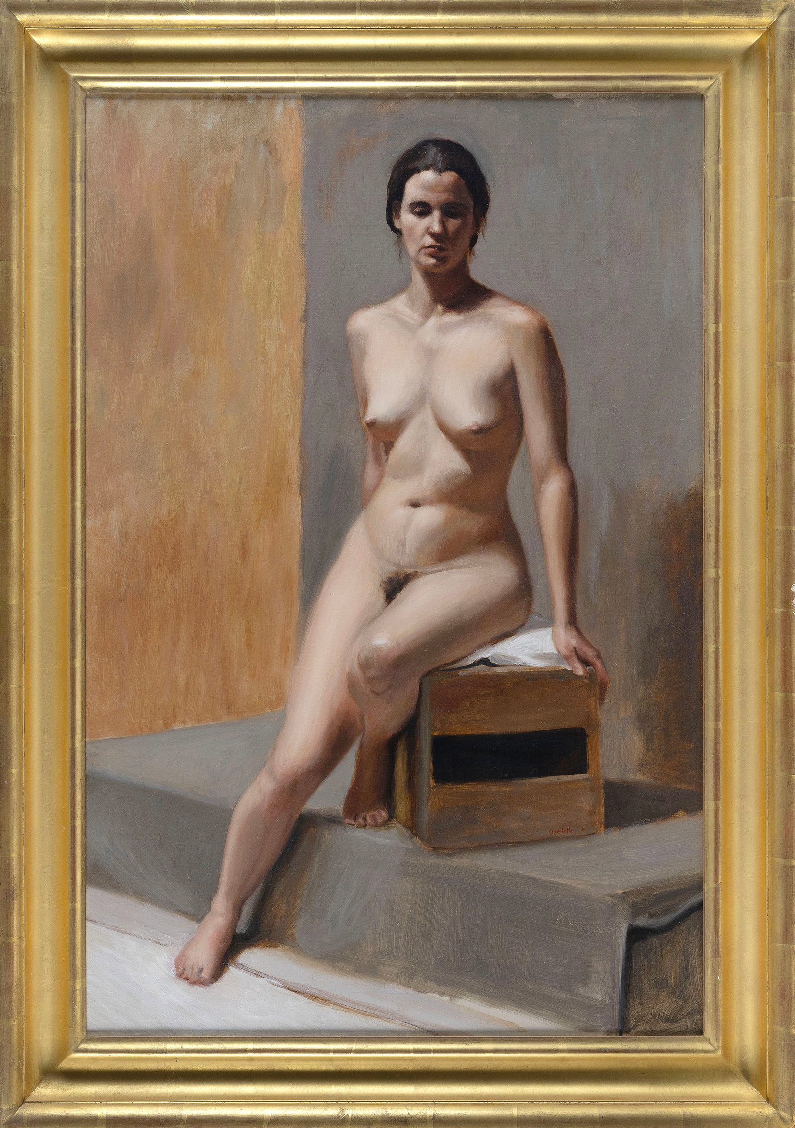 TOM OUELLETTE (Massachusetts, 1954-), "Seated Nude II"., Oil on linen, 36" x 24". Framed 42" x 30".: TOM OUELLETTE Massachusetts, 1954- "Seated Nude II". Artist identified and titled on label verso for Tree's Place Gallery, Orleans, Massachusetts. Oil on linen, 36" x 24". Framed 42" x 30". Provenance