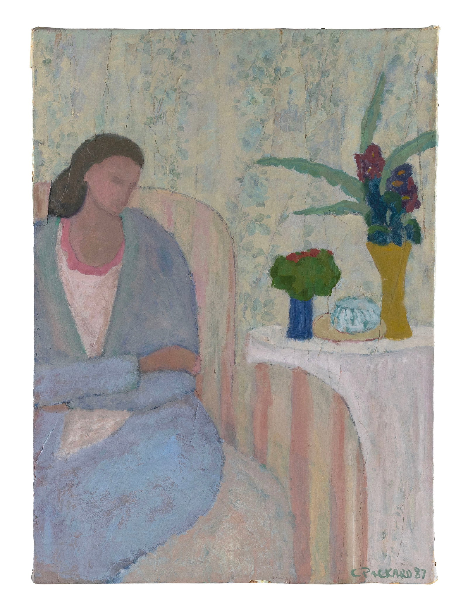 CYNTHIA PACKARD (Massachusetts/Florida, 1957-), "Susan"., Oil on canvas, 34" x 24". Unframed.: CYNTHIA PACKARD Massachusetts/Florida, 1957- "Susan". Signed and dated 1987 lower right. Titled on label verso for Zoe Gallery, Newbury Street, Boston. Oil on canvas, 34" x 24". Unframed. Notes: Worki