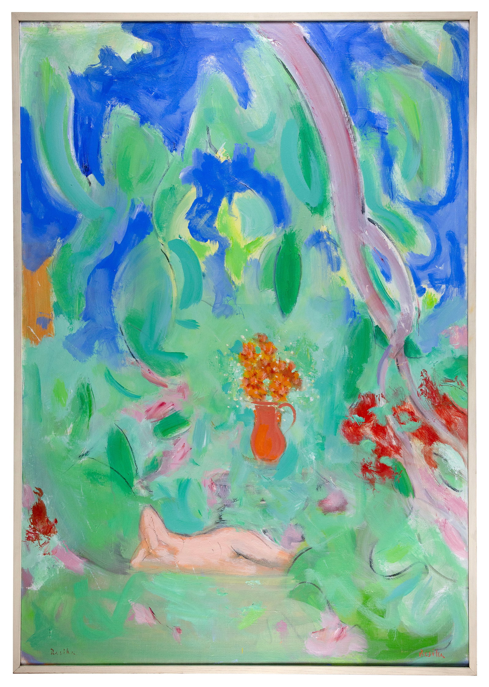 PAUL RESIKA (New York, 1928-), "In a Garden (Nude with Flowers)"., Oil on canvas, 45.5" x 64".: PAUL RESIKA New York, 1928- "In a Garden (Nude with Flowers)". Signed lower right "Resika". Oil on canvas, 45.5" x 64". Framed 65.5" x 46.5". Provenance: Berta Walker Gallery, Provincetown, Massachuse