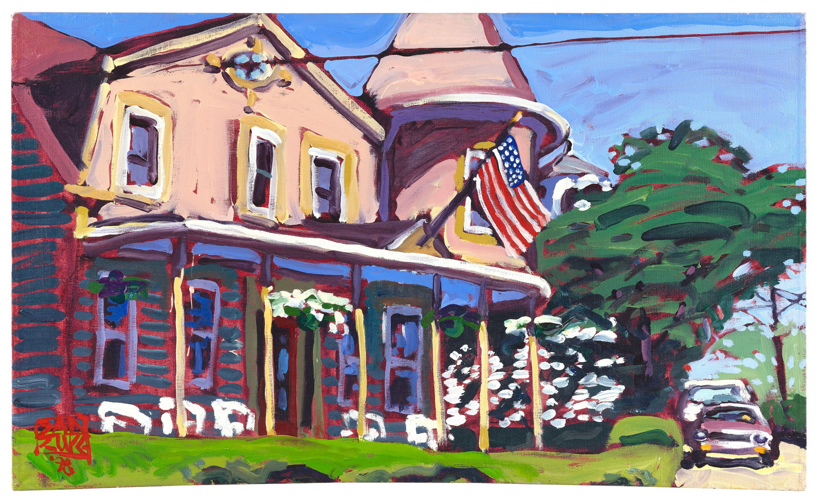 DANIEL WADE RUPE (Illinois/Indiana/Massachusetts, 1952-), "Center and Bradford"., Oil on canvas,: DANIEL WADE RUPE Illinois/Indiana/Massachusetts, 1952- "Center and Bradford". Signed and dated lower left "Dan Rupe '98". Titled verso. Oil on canvas, 17.5" x 30". Unframed.