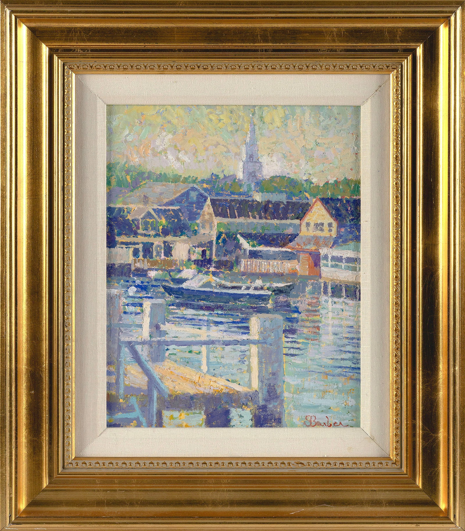 SAM (SAMIR) BARBER (Massachusetts/Italy, 1943-), Nantucket Harbor., Oil on board, 14" x 11". Framed: SAM (SAMIR) BARBER Massachusetts/Italy, 1943- Nantucket Harbor. Signed lower right "S. Barber". Signed, titled and dated 1992 verso. Oil on board, 14" x 11". Framed 23" x 19". Notes: Sam Barber was bo