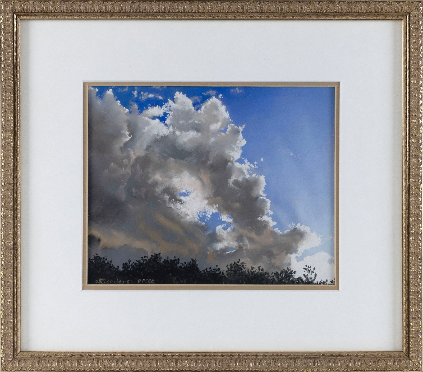 AMY SANDERS (Massachusetts, Contemporary), Clouds., Pastel on paper, 6.25" x 8" sight. Framed 12" x: AMY SANDERS Massachusetts, Contemporary Clouds. Signed and dated lower left "AK Sanders PPSCC '98". Pastel on paper, 6.25" x 8" sight. Framed 12" x 13.5". Amy Sanders lives in Truro, Massachusetts. Sh