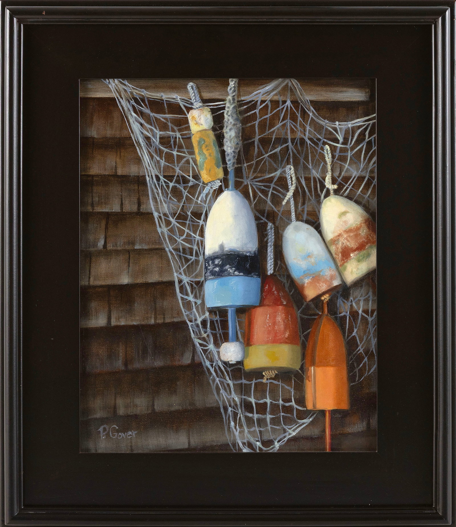 PAM GROVER (Massachusetts, Contemporary), Buoys in waiting., Oil on canvas, 11" x 14". Framed 19" x (1 of 2)