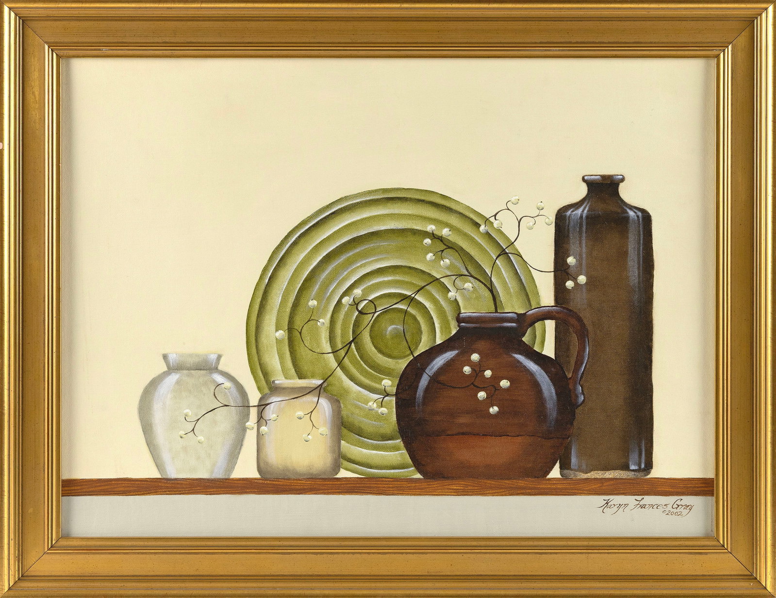 KARYN FRANCES GRAY (Massachusetts, Contemporary), Tabletop still life of a plate and vessels., Oil (1 of 2)