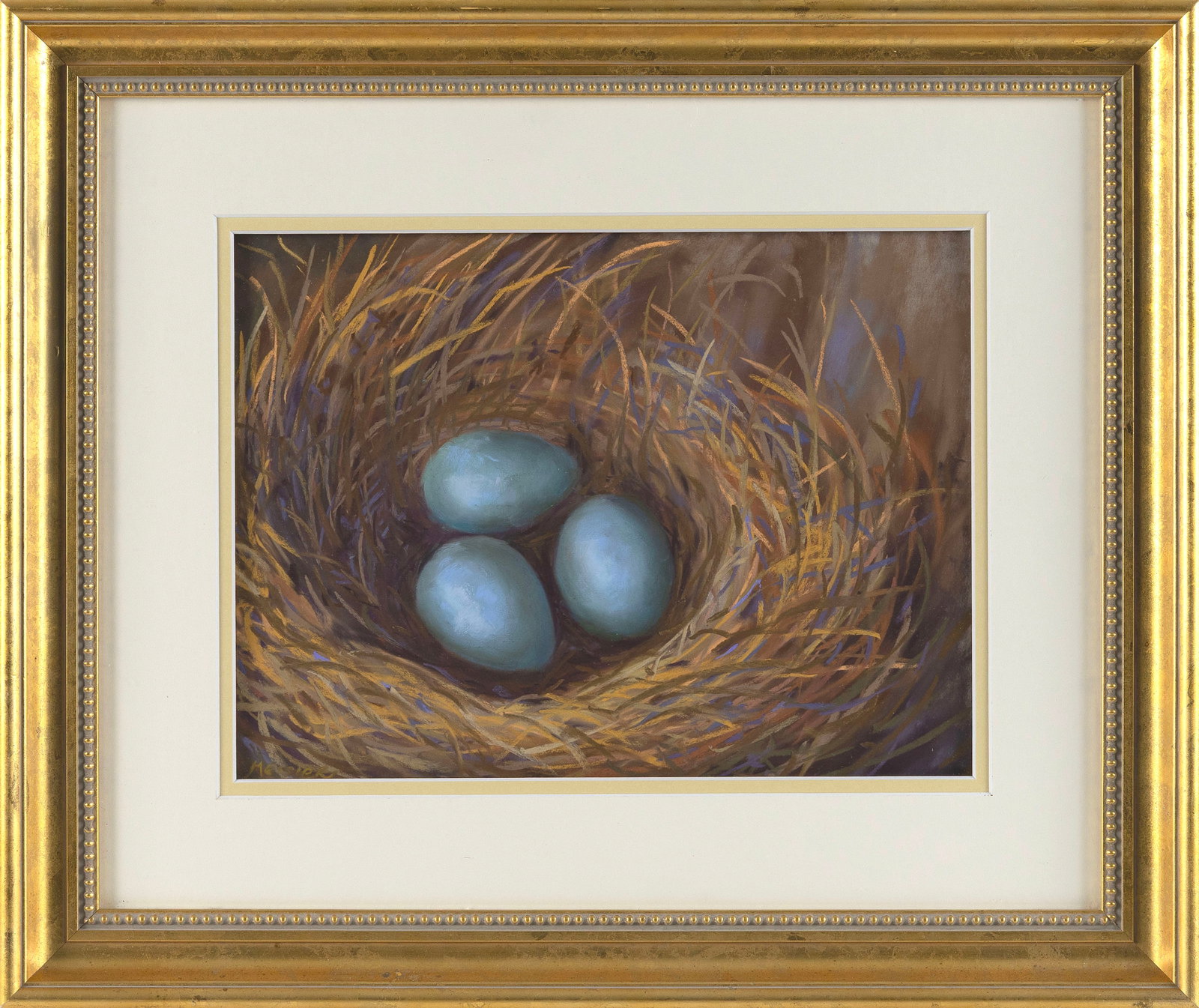 JAN MESSIER (Massachusetts, 1949-), "Nesting Eggs"., Pastel, 8.5" x 11.5". Framed 16" x 19". (1 of 2)