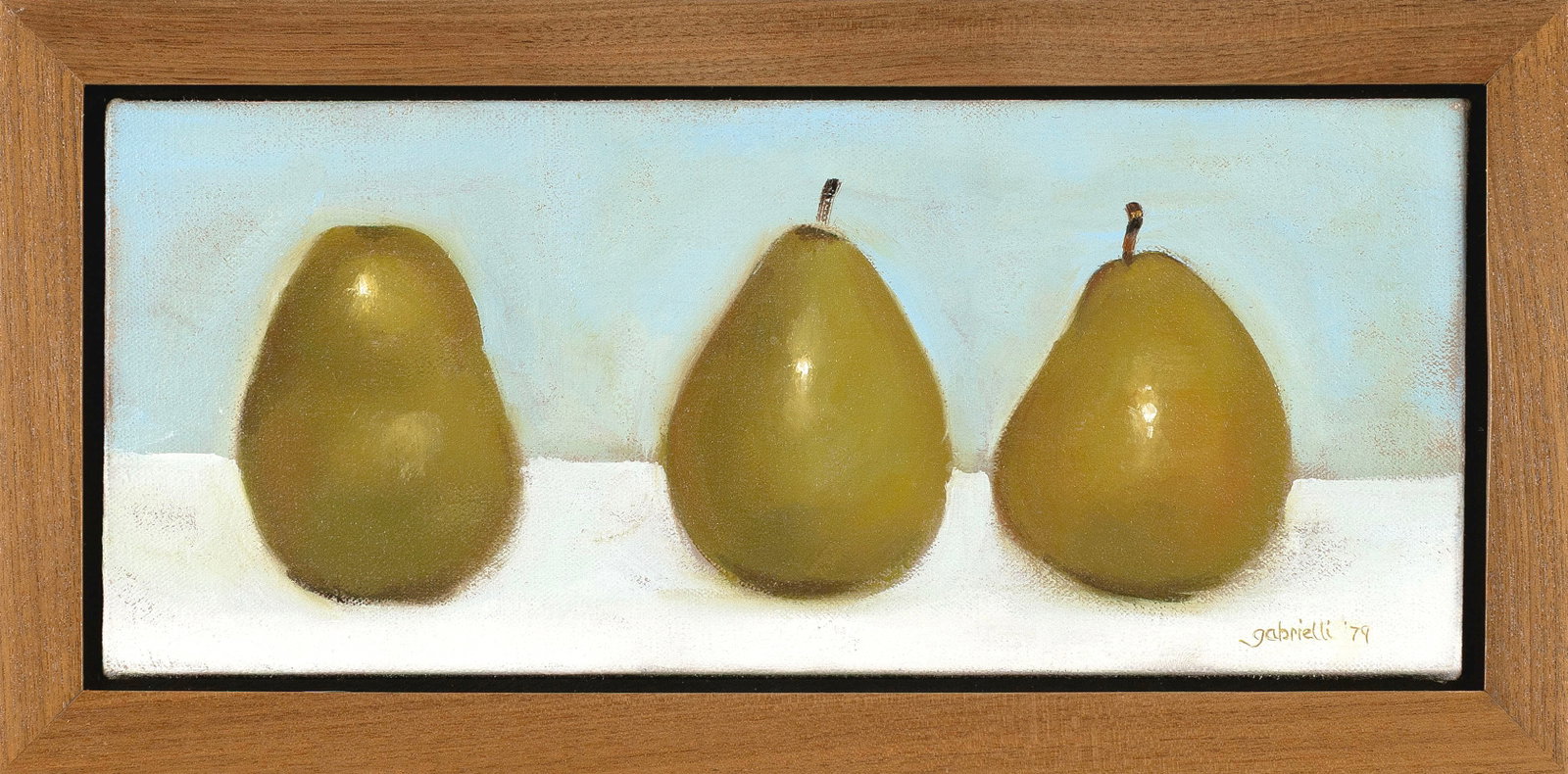 PHILLIP GABRIELLI (New York/New Jersey, 1952-), Three pears., Oil on canvas, 5" x 12". Framed 7" x (1 of 2)