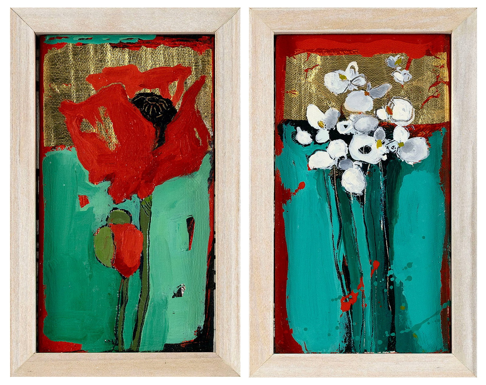 ANNE SALAS (Massachusetts, Contemporary), Pair of flowers: Poppies and Iris., Oils on canvas over: ANNE SALAS Massachusetts, Contemporary Pair of flowers: Poppies and Iris. Both signed. One numbered 476 and the other 336. Oils on canvas over wood with 22kt gold leaf, 6.5" x 3.5". Framed 7.5" x 4.5"