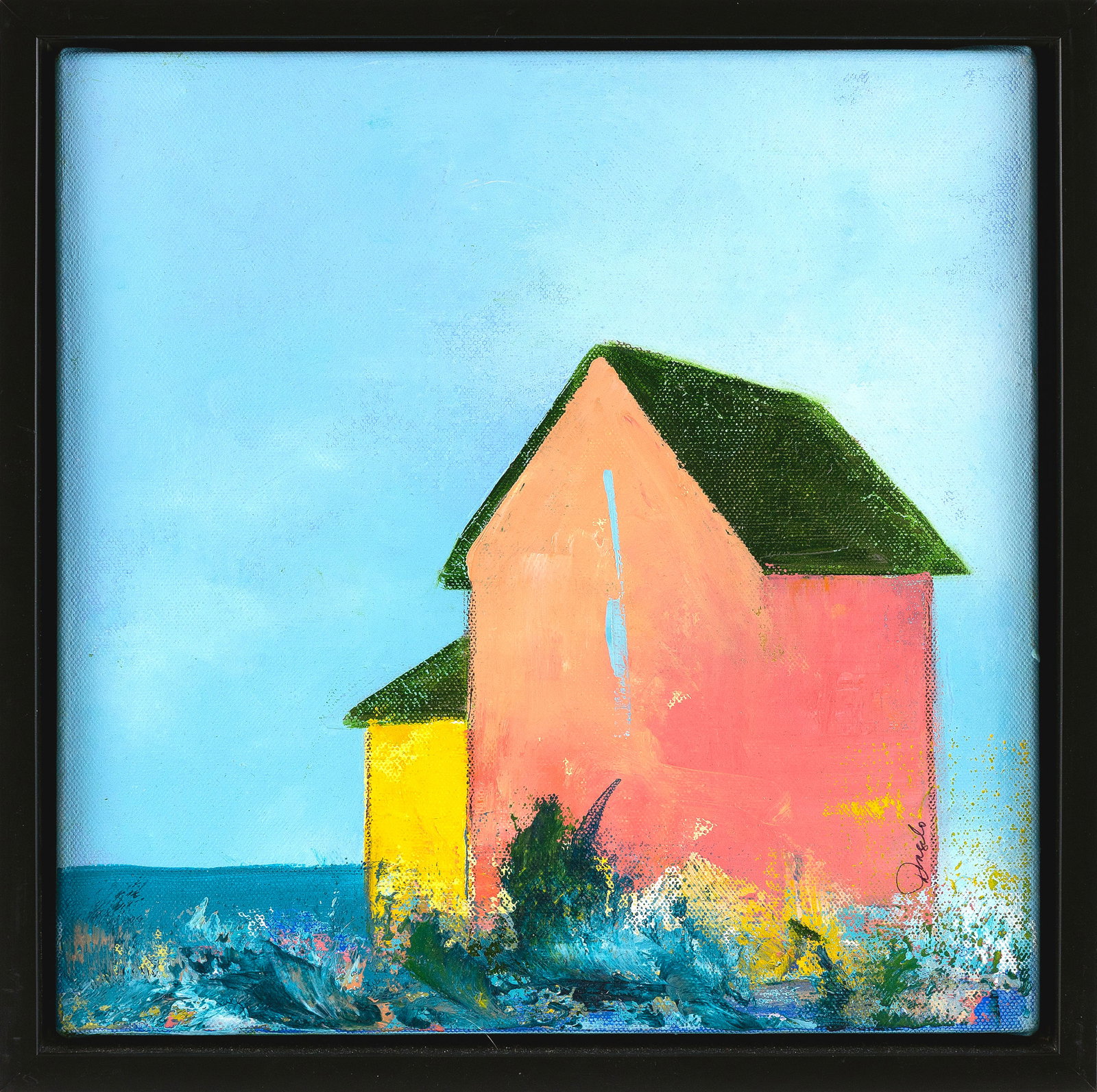 MICHELE DANGELO (Massachusetts, Contemporary), "Shoreline"., Oil on canvas, 12" x 12". Framed 13.5": MICHELE DANGELO Massachusetts, Contemporary "Shoreline". Signed lower right "Dangelo". Title provided by artist. Oil on canvas, 12" x 12". Framed 13.5" x 13.5".