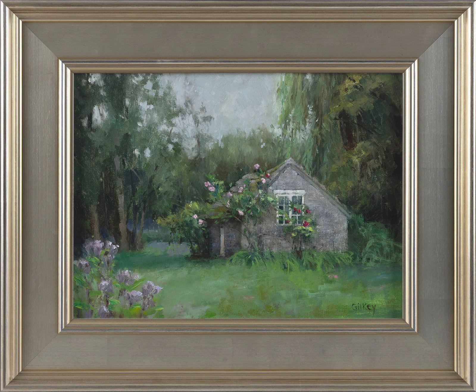SUE GILKEY (New Jersey/Massachusetts/Vermont, Contemporary), "Gardener's Shed"., Oil on canvas, 12": SUE GILKEY New Jersey/Massachusetts/Vermont, Contemporary "Gardener's Shed". Signed lower right "Gilkey". Oil on canvas, 12" x 16". Framed 18" x 22". Notes: Sue Gilkey studied Tonalism and pursues a t