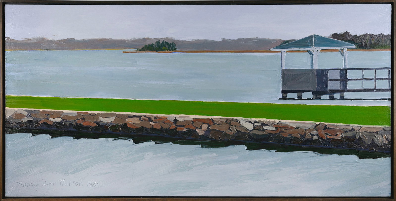 NANCY DYER MITTON (Massachusetts, Contemporary), Dock., Oil on canvas, 30" x 60". Framed 32" x 62". (1 of 2)