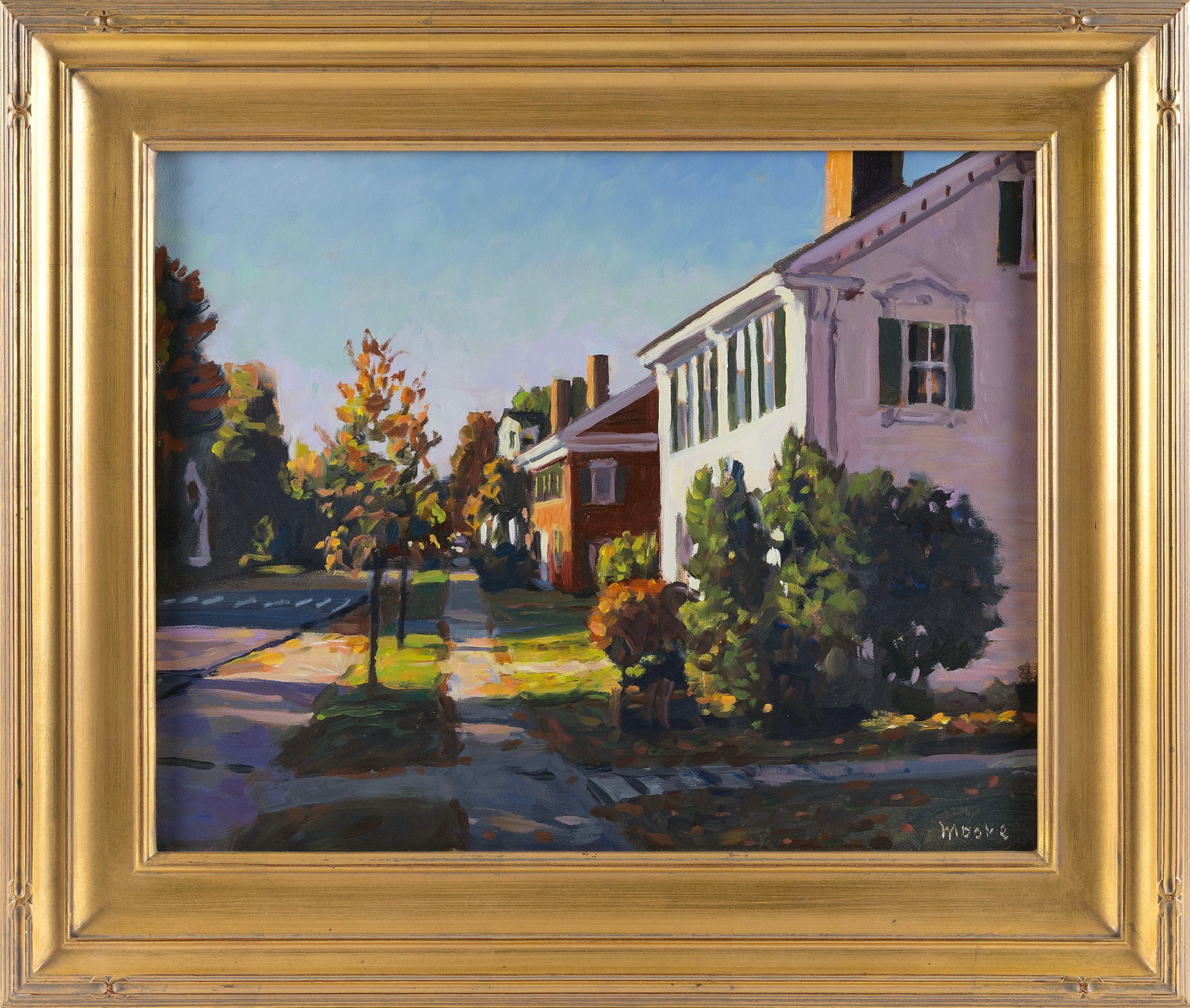 SCOTT MOORE (Washington, D.C., 1953-), "Late Day Sun"., Oil on panel, 16" x 20". Framed 22" x 26".: SCOTT MOORE Washington, D.C., 1953- "Late Day Sun". Signed lower right "Moore". Signed and titled verso. Label verso for Argosy Gallery, Bar Harbor, Maine. Oil on panel, 16" x 20". Framed 22" x 26". R