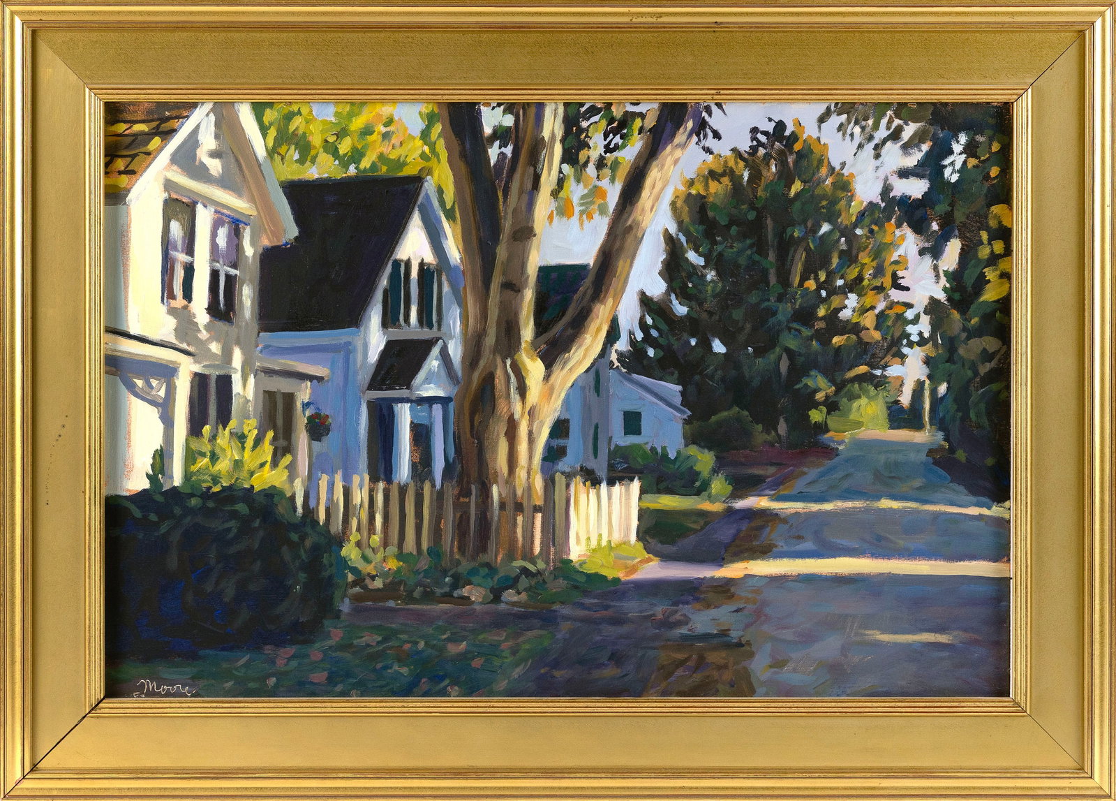 SCOTT MOORE (Washington, D.C., 1953-), "Late Sun" (Belfast)., Oil on panel, 16" x 24". Framed 21" x: SCOTT MOORE Washington, D.C., 1953- "Late Sun" (Belfast). Signed lower left "Moore". Titled verso. Label verso for Argosy Gallery, Bar Harbor, Maine. Oil on panel, 16" x 24". Framed 21" x 29". Referen