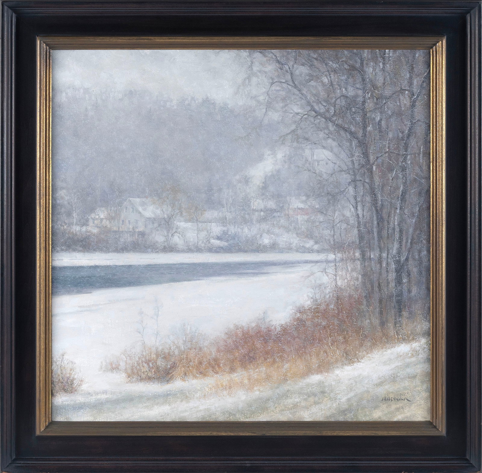 STEVEN HILEMAN (Pennsylvania/Maine, Contemporary), "Narramissic Winter" (Orland, Maine)., Oil on: STEVEN HILEMAN Pennsylvania/Maine, Contemporary "Narramissic Winter" (Orland, Maine). Signed lower right "Hileman". Signed, titled and dated 2012 on label verso. Label verso for Argosy Gallery, Bar Ha