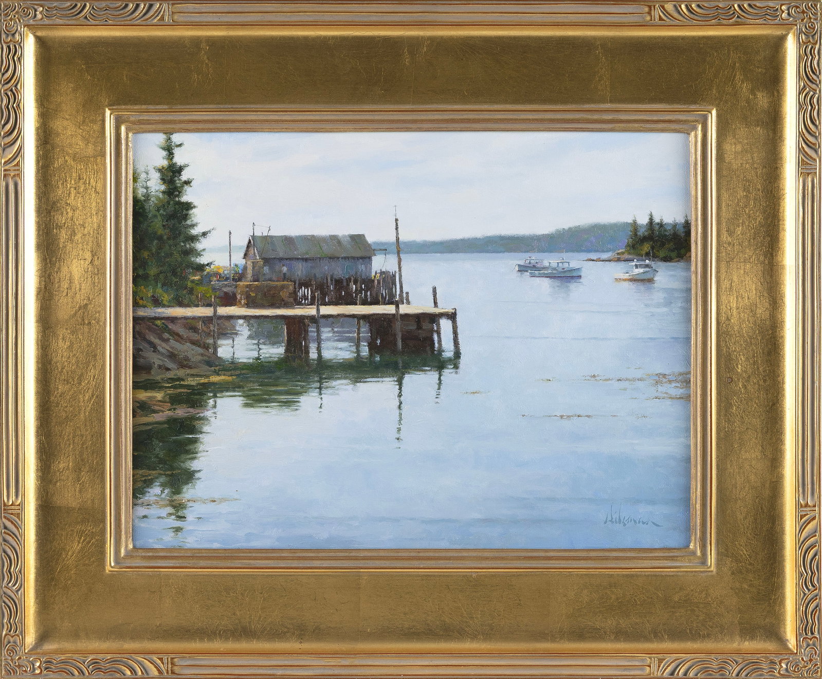 STEVEN HILEMAN (Pennsylvania/Maine, Contemporary), "Burnt Cove Piers"., Oil on canvas, 12" x16". (1 of 2)