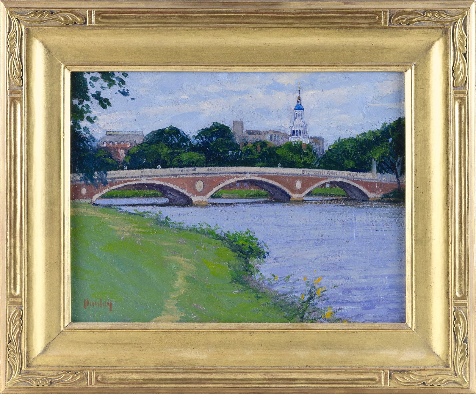THOMAS RUSSELL DUNLAY (Massachusetts, 1951-), "The Weeks Bridge, A Rainy Day"., Oil on canvas, 12" x: THOMAS RUSSELL DUNLAY Massachusetts, 1951- "The Weeks Bridge, A Rainy Day". Signed lower left "Dunlay". Marked verso "Thomas R. Dunlay Wet Paint Auction The Copley Society 6-12-94". Oil on canvas, 12"