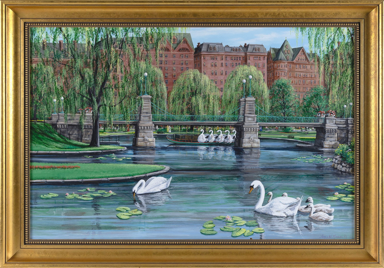 JAMES W. MADDOCKS (Massachusetts, Contemporary), Swan Boats, Boston Public Garden., Oil on canvas,: JAMES W. MADDOCKS Massachusetts, Contemporary Swan Boats, Boston Public Garden. Signed and dated lower right "James W. Maddocks '93". Oil on canvas, 24" x 36". Framed 29" x 42". Notes: A self-taught a