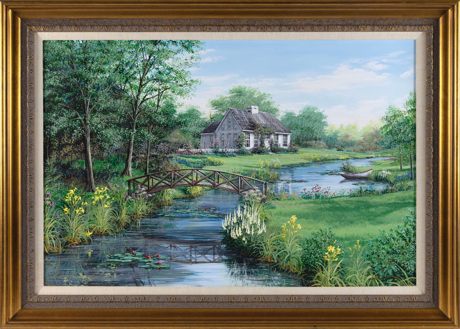 JAMES W. MADDOCKS (Massachusetts, Contemporary), Footbridge to a rose-covered cottage., Oil on (1 of 2)