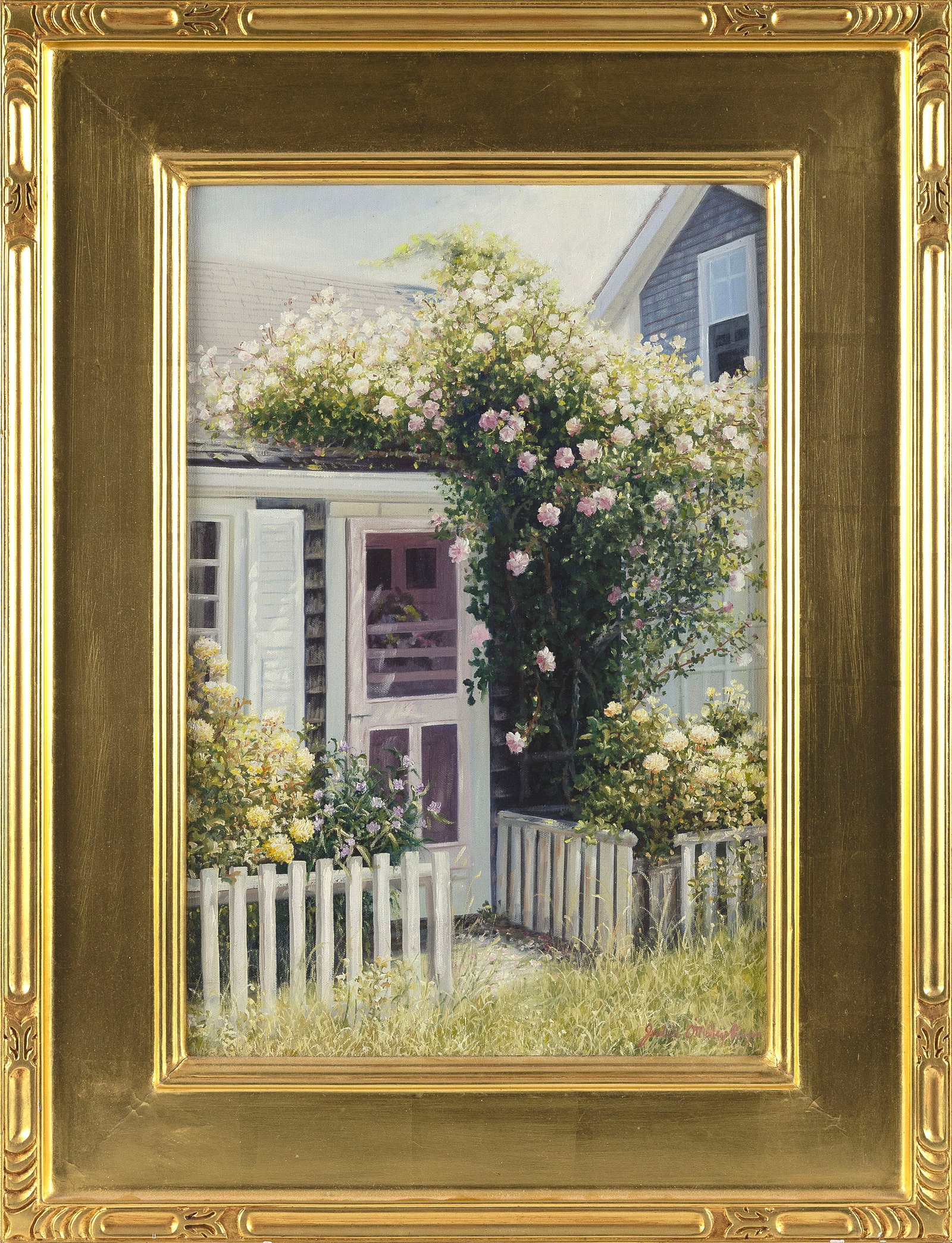 JULIA O'MALLEY-KEYES (Massachusetts, Contemporary), Rose-covered cottage., Oil on canvas, 18" x 12". (1 of 2)
