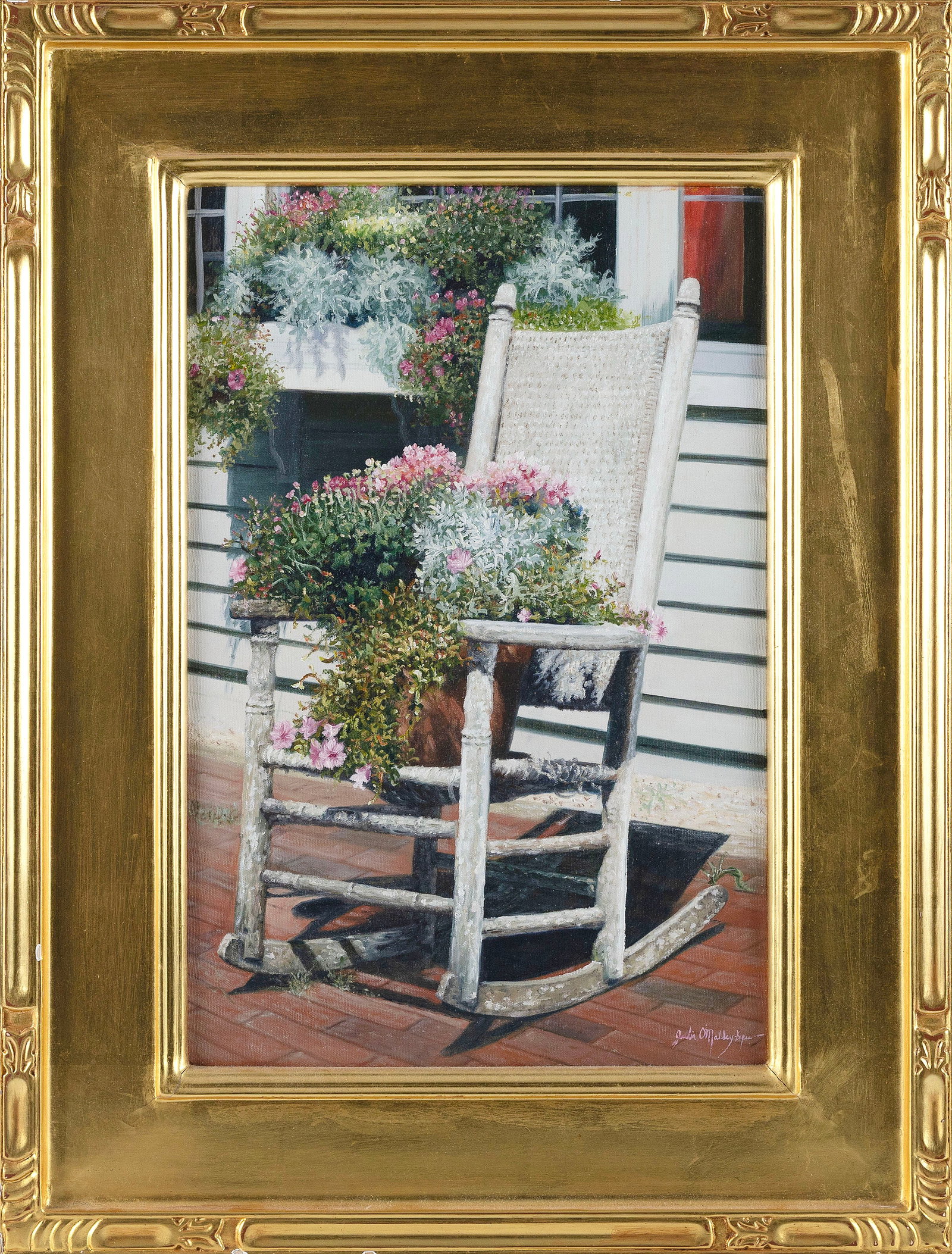 JULIA O'MALLEY-KEYES (Massachusetts, Contemporary), Porch rocker and summer flowers., Oil on canvas, (1 of 2)