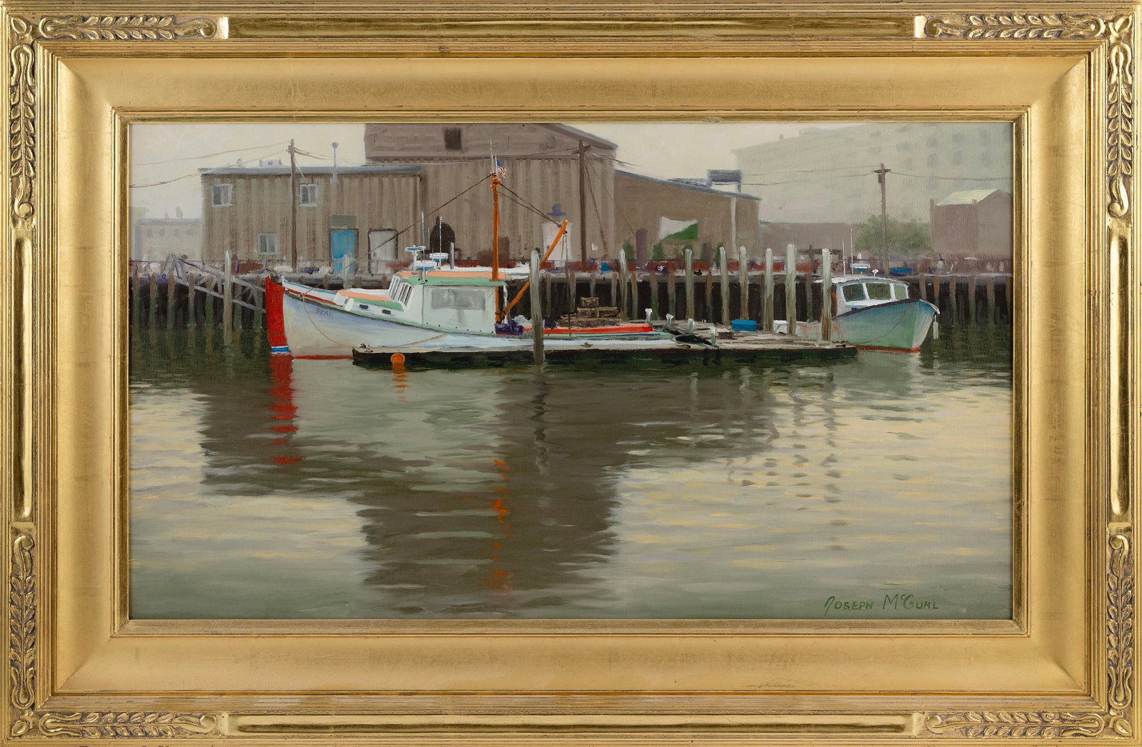 JOSEPH MCGURL (Massachusetts, 1958-), Lobster boats at a wharf., Oil on board, 14" x 24". Framed 20" (1 of 2)