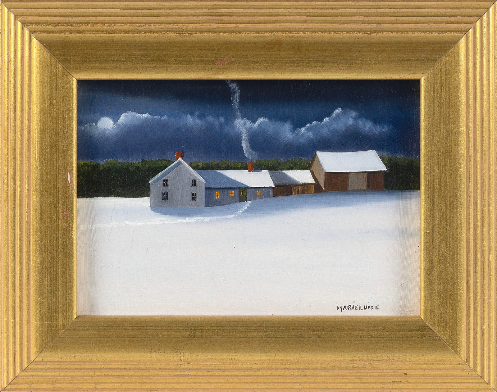 MARIELUISE HUTCHINSON (Massachusetts/Maine, 1947-), Winter farmhouse., Oil on board, 5" x 7". Framed: MARIELUISE HUTCHINSON Massachusetts/Maine, 1947- Winter farmhouse. Signed lower right "Marieluise". Oil on board, 5" x 7". Framed 7.5" x 9.5". Notes: Marieluise Hutchinson, a self-taught artist, is a 