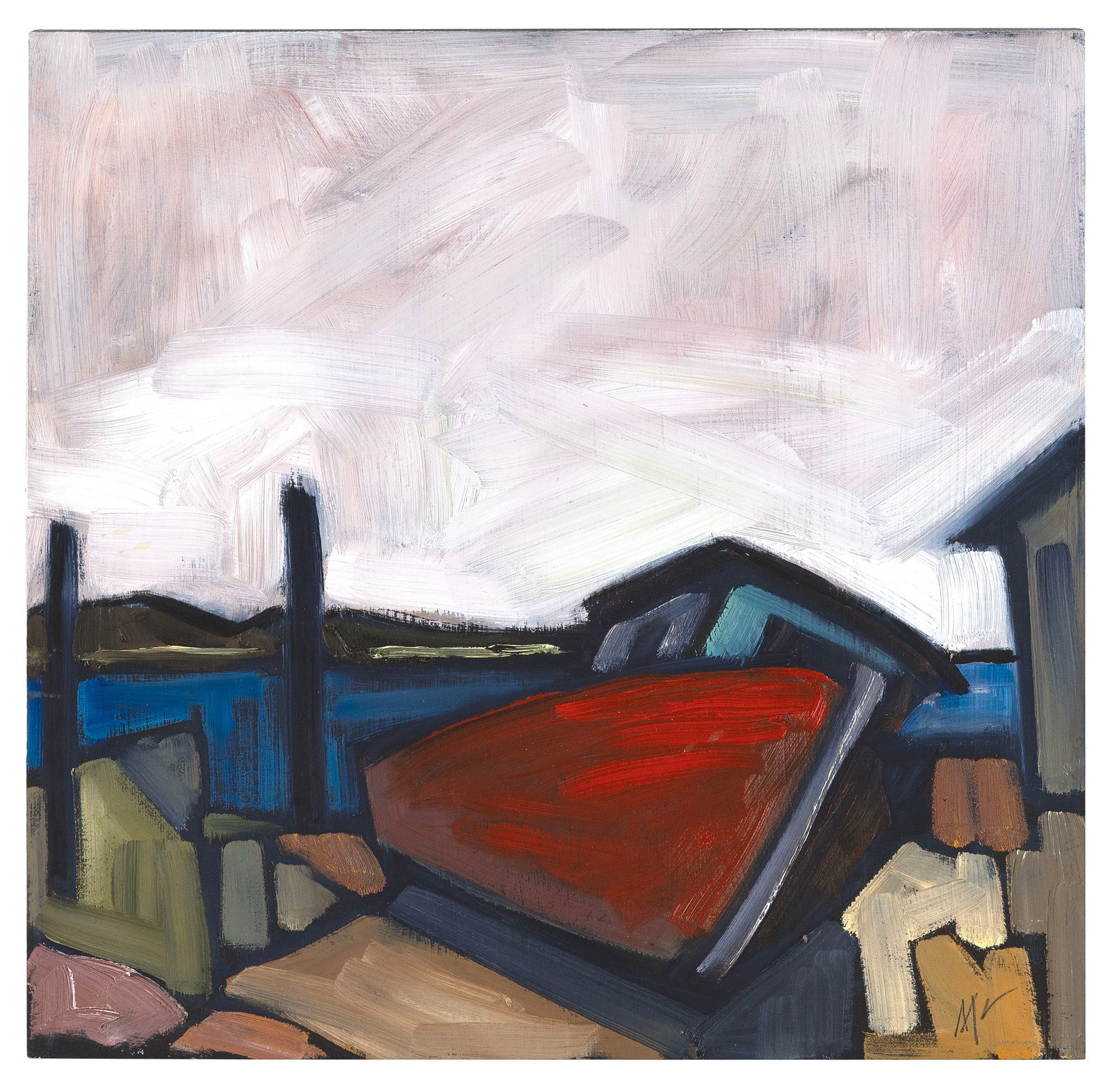 MICHAEL MCGUIRE (Massachusetts, 1953-), Beached boat., Oil on board, 12" x 12". Unframed. (1 of 2)