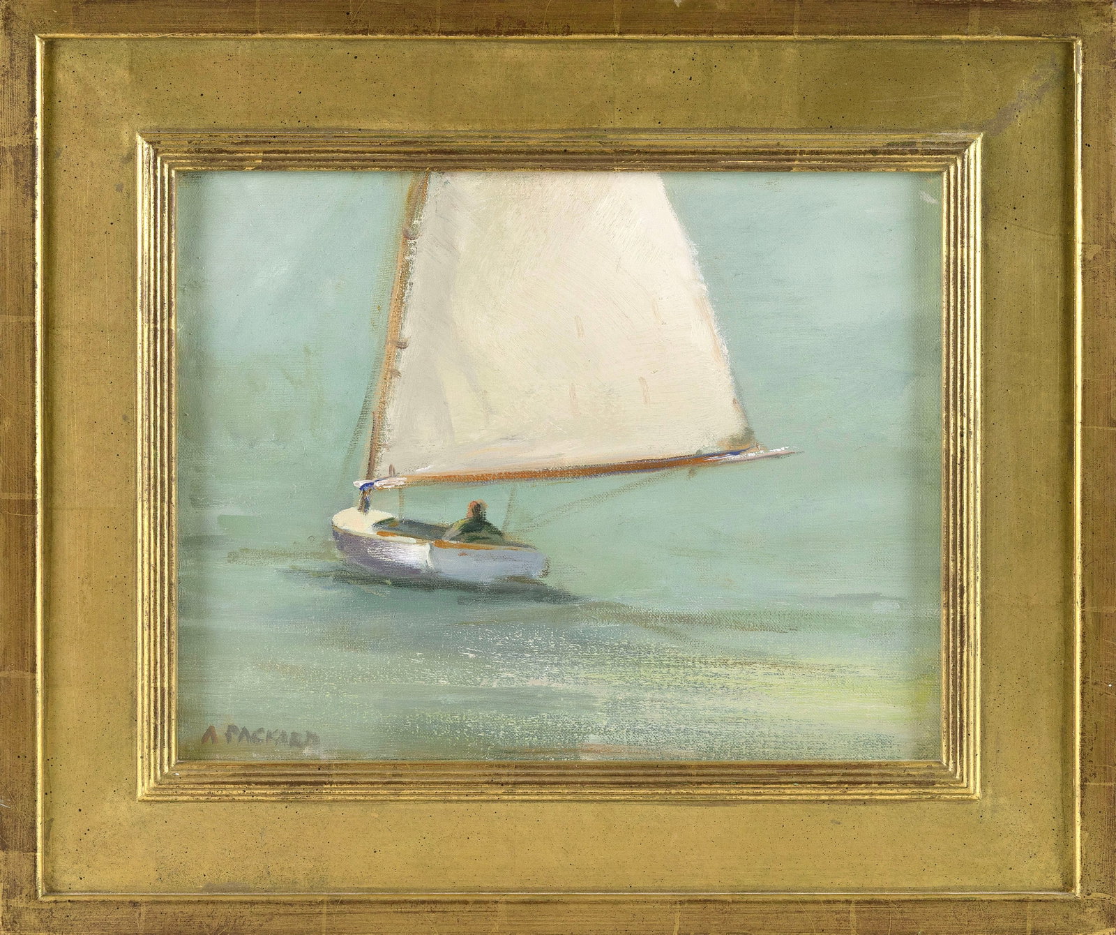 ANNE PACKARD (Massachusetts/New Jersey, 1933-), Sailboat., Oil on canvas, 11" x 14". Framed 17" x: ANNE PACKARD Massachusetts/New Jersey, 1933- Sailboat. Signed lower left "A. Packard". Personally inscribed by the artist verso. Label verso for Packard Gallery, Provincetown, Massachusetts. Housed in