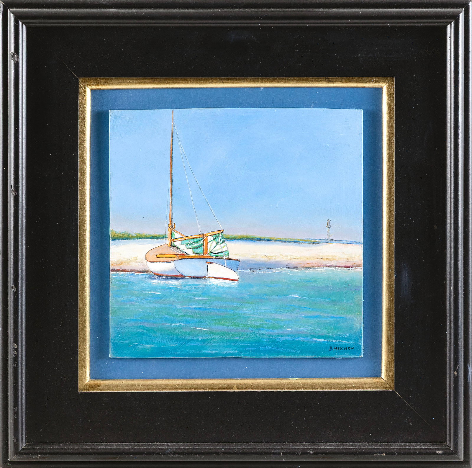 GEORGE MACHON (Massachusetts, Contemporary), "Beetlecat on the Beach"., Oil on board, 12" x 12".: GEORGE MACHON Massachusetts, Contemporary "Beetlecat on the Beach". Signed lower right "G. Machon". Signed, titled and dated 2026 verso. Oil on board, 12" x 12". Framed 19" x 19".
