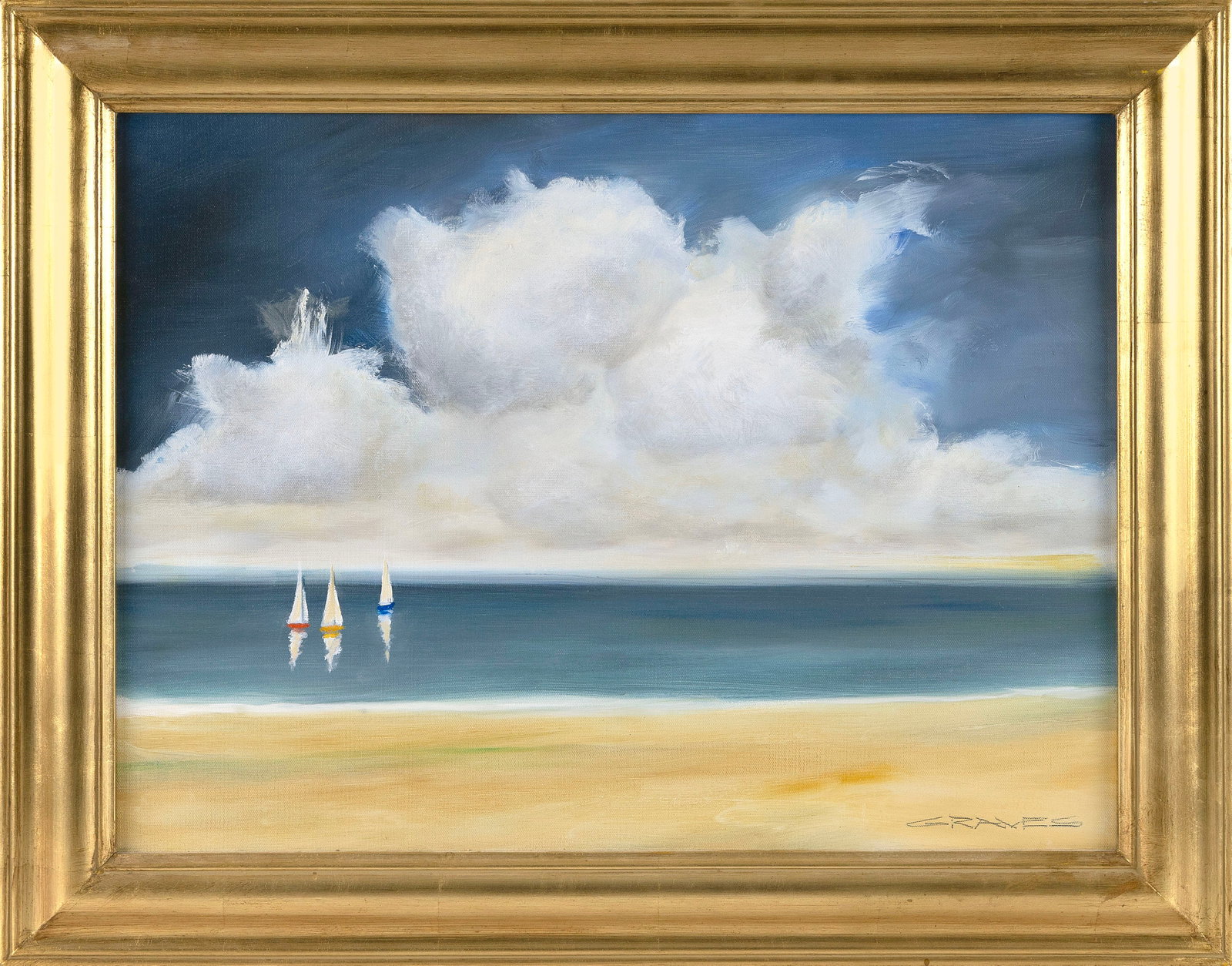 THOMAS N. GRAVES (Connecticut, Contemporary), Sailboats off the coast., Oil on canvas, 18" x 24". (1 of 2)