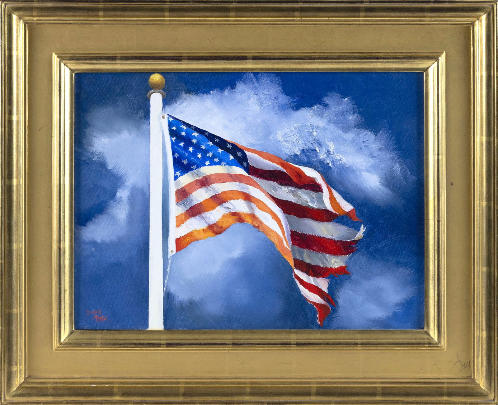DEBBIE HEARLE (Massachusetts, 1946-2021), "Stars and Stripes Over Chatham"., Oil on canvas, 12" x: DEBBIE HEARLE Massachusetts, 1946-2021 "Stars and Stripes Over Chatham". Signed lower left "Debbie Hearle". Signed, titled and dated 2017 on stretcher. Label verso for Hearle Gallery, Chatham, Massach