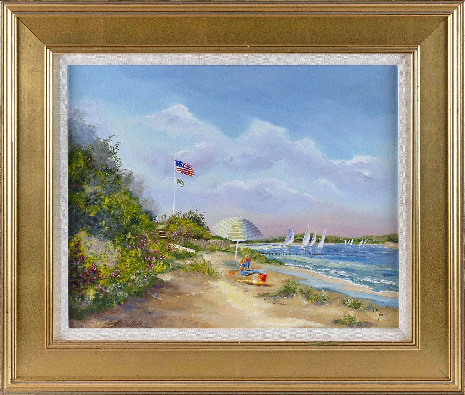 DEBBIE HEARLE (Massachusetts, 1946-2021), "Gentle Breeze"., Oil on board, 16" x 20". Framed 24" x: DEBBIE HEARLE Massachusetts, 1946-2021 "Gentle Breeze". Signed lower right "Debbie Hearle". Titled on label verso for Hearle Gallery, Chatham, Massachusetts. Oil on board, 16" x 20". Framed 24" x 27".