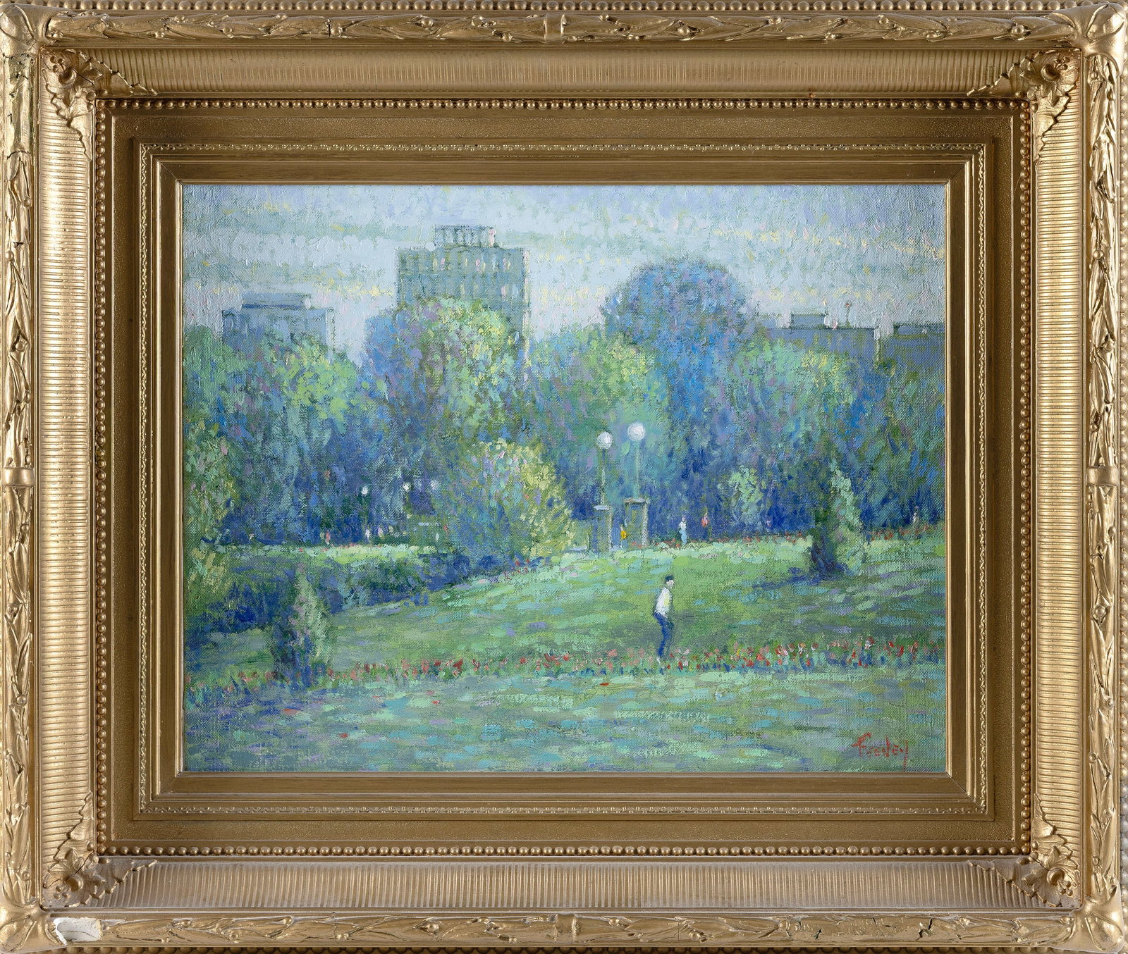 LORETTA FEENEY (Massachusetts, 1961-), "Stroll Through Boston Public Garden"., Oil on canvas, 15" x: LORETTA FEENEY Massachusetts, 1961- "Stroll Through Boston Public Garden". Signed lower right "Feeney". Oil on canvas, 15" x 19". Framed 23" x 27.5". Notes: Loretta Feeney has studied under noted Cape