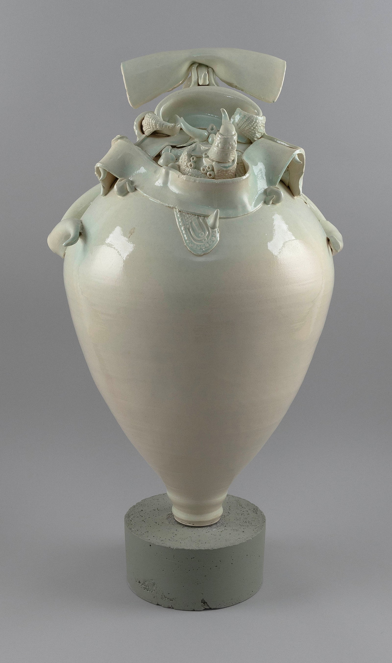 VARTAN POGHOSIAN (Armenia/America, Contemporary), Stoneware ovoid form with applied appendages., (1 of 4)