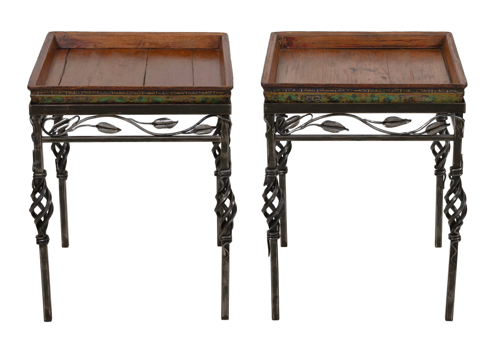 ROBERT JORDAN (Massachusetts, Contemporary), Pair of hand-forged steel side tables with wooden tray (1 of 1)