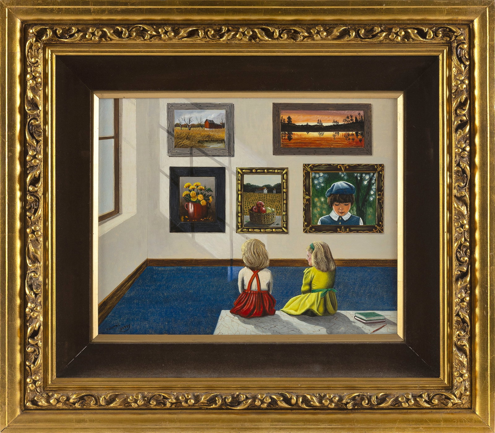 THOMAS KERRY (New York, 20th/21st Century), Two young girls admiring art., Oil on masonite, 16" x (1 of 2)