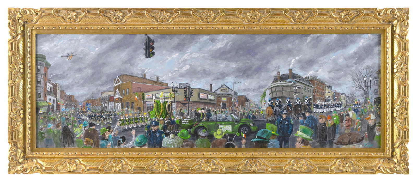 R.J. VOJIR (America, Contemporary), "Panorama of Southie Saint Patrick's Day Parade - Boston, MA".,: R.J. VOJIR America, Contemporary "Panorama of Southie Saint Patrick's Day Parade - Boston, MA". Signed lower right "Vojir". Dated 2025 verso. Oil on canvas, 15.75" x 47.75". Framed 22" x 53.25".