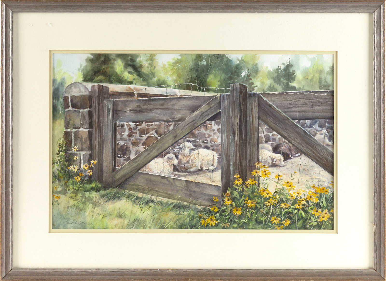JOAN SPILLMAN (America, 1925-2017), "Afternoon Nap"., Watercolor, 13" x 21" sight. Framed 21" x 29".: JOAN SPILLMAN America, 1925-2017 "Afternoon Nap". Signed lower left "Joan Spillman". Titled on stretcher. Watercolor, 13" x 21" sight. Framed 21" x 29".