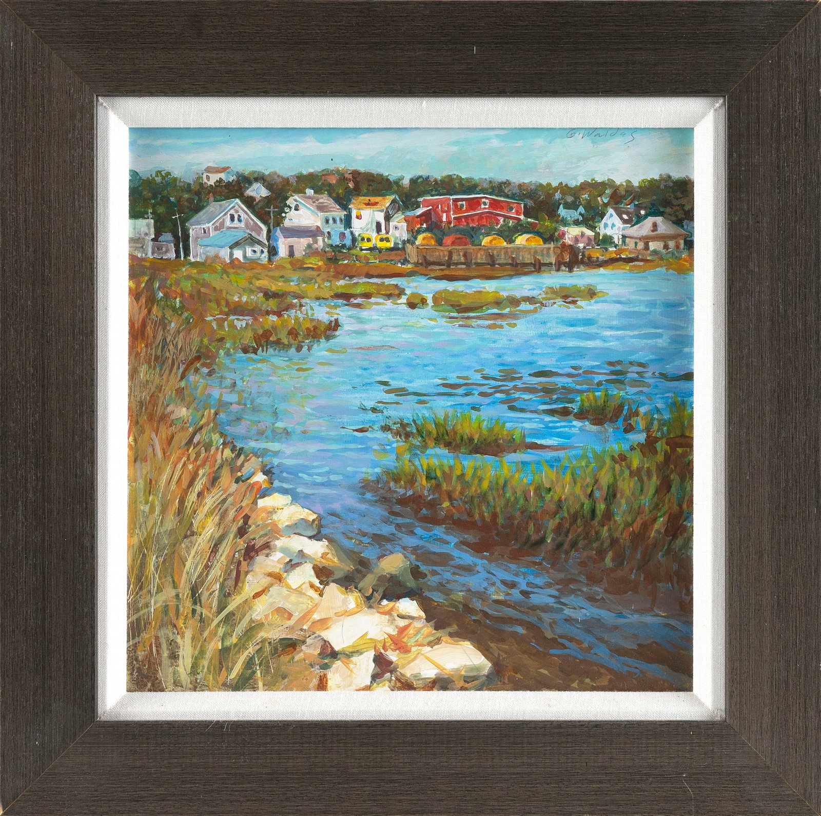 GRETA WALDAS (Massachusetts, 20th Century), "Wellfleet"., Oil on board, 12" x 12". Framed 17" x 17".: GRETA WALDAS Massachusetts, 20th Century "Wellfleet". Signed and titled verso. Label verso for Outer Cape Auctions, Provincetown, Massachusetts. Oil on board, 12" x 12". Framed 17" x 17".