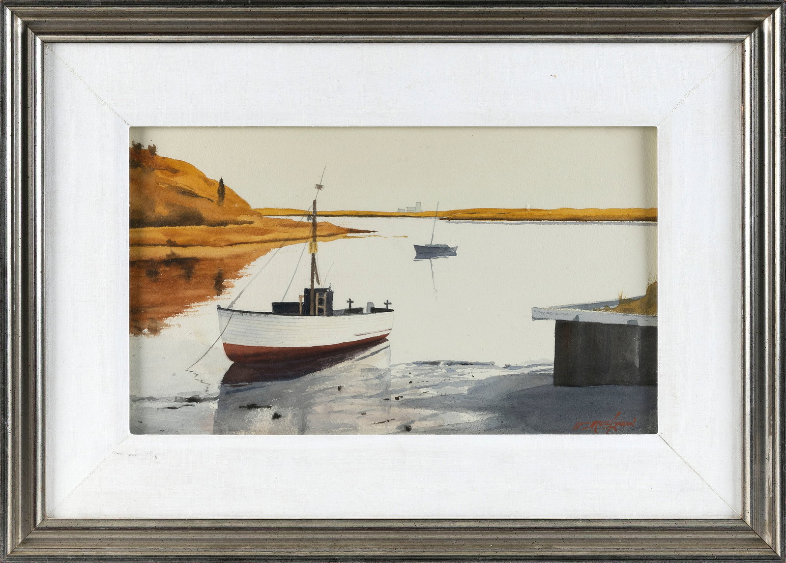 DAN MCELWAIN (Massachusetts, Late 20th Century), Harbor scene., Watercolor, 10.5" x 18" sight. (1 of 2)