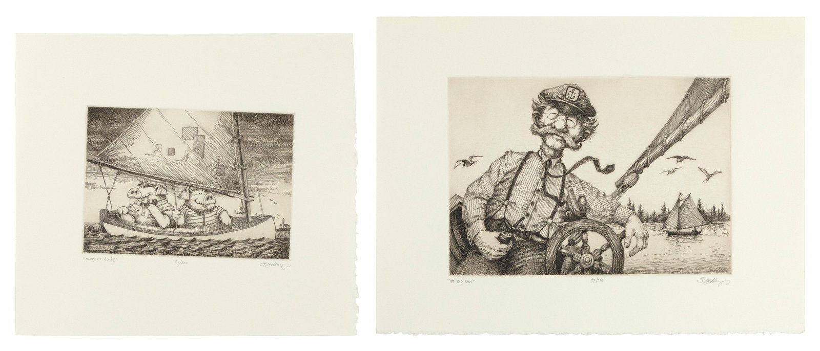 DALE BRADLEY (America, 1954-), Two whimsical nautical etchings: DALE BRADLEY America, 1954- Two whimsical nautical etchings: 1) "Oinkers Away". Signed, titled and numbered 87/300 in pencil lower margin. Sheet 10" x 11.25". Unframed. 2) "The Old Salt". Signed, titl