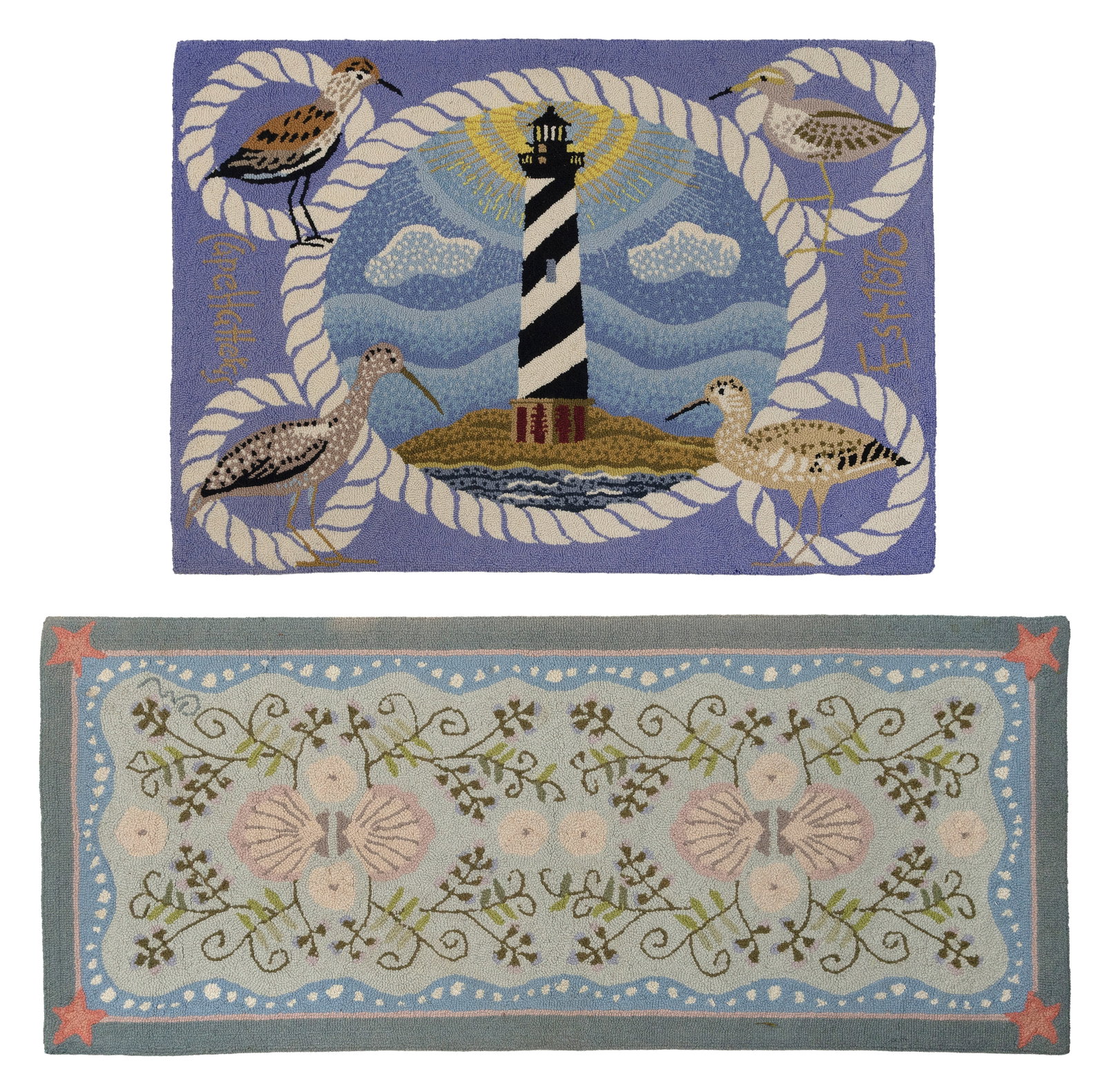 TWO BEACH-THEMED HOOKED RUGS Late 20th Century 24" x 56" and 24" x 41". (1 of 3)